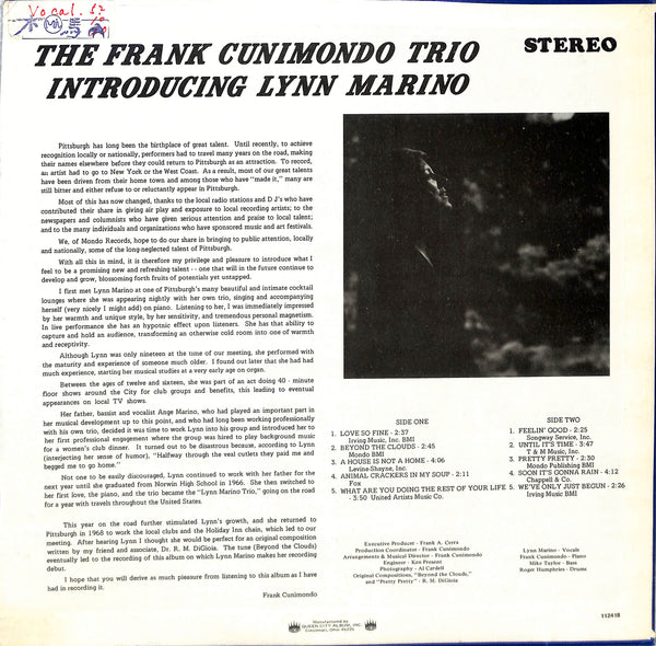 The Frank Cunimondo Trio Introducing Lynn Marino